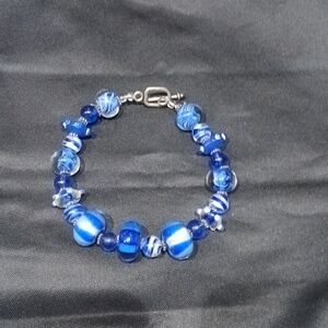 Chunky Blue 9" Glass Beaded Bracelet Lampwork Artisan Toggle Clasp.